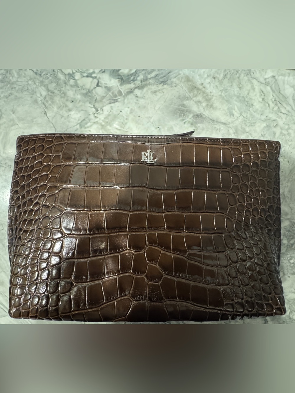 Ralph Lauren Brown Croc-Embossed Leather Wristlet Clutch